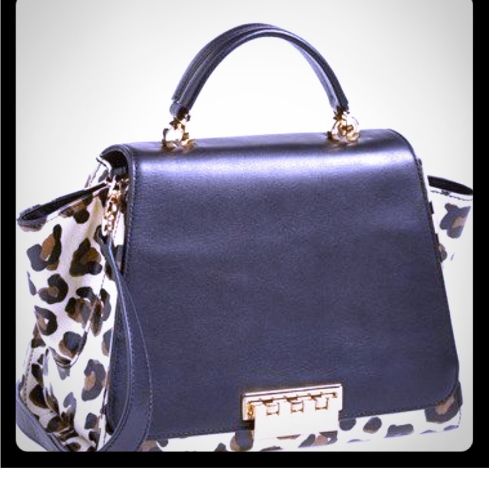 ZAC Zac Posen Black And Coated Leopard Print Top Handle / Shoulder Strap Bag